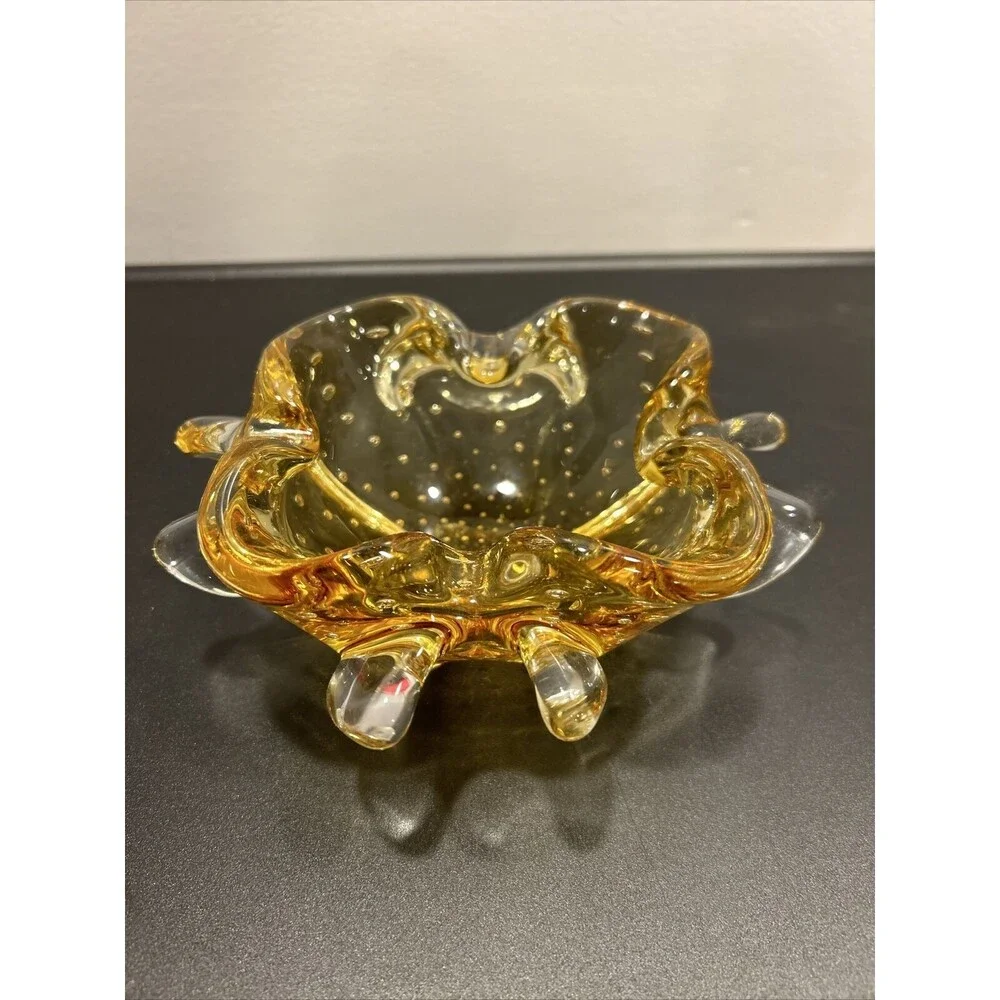 Murano Yellow Bullicante Controlled Bubble Art Glass Bowl Trinket Dish Bowl Big